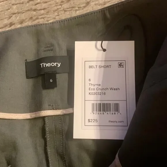 Theory Eco Crunch Belt Shorts in Thyme.